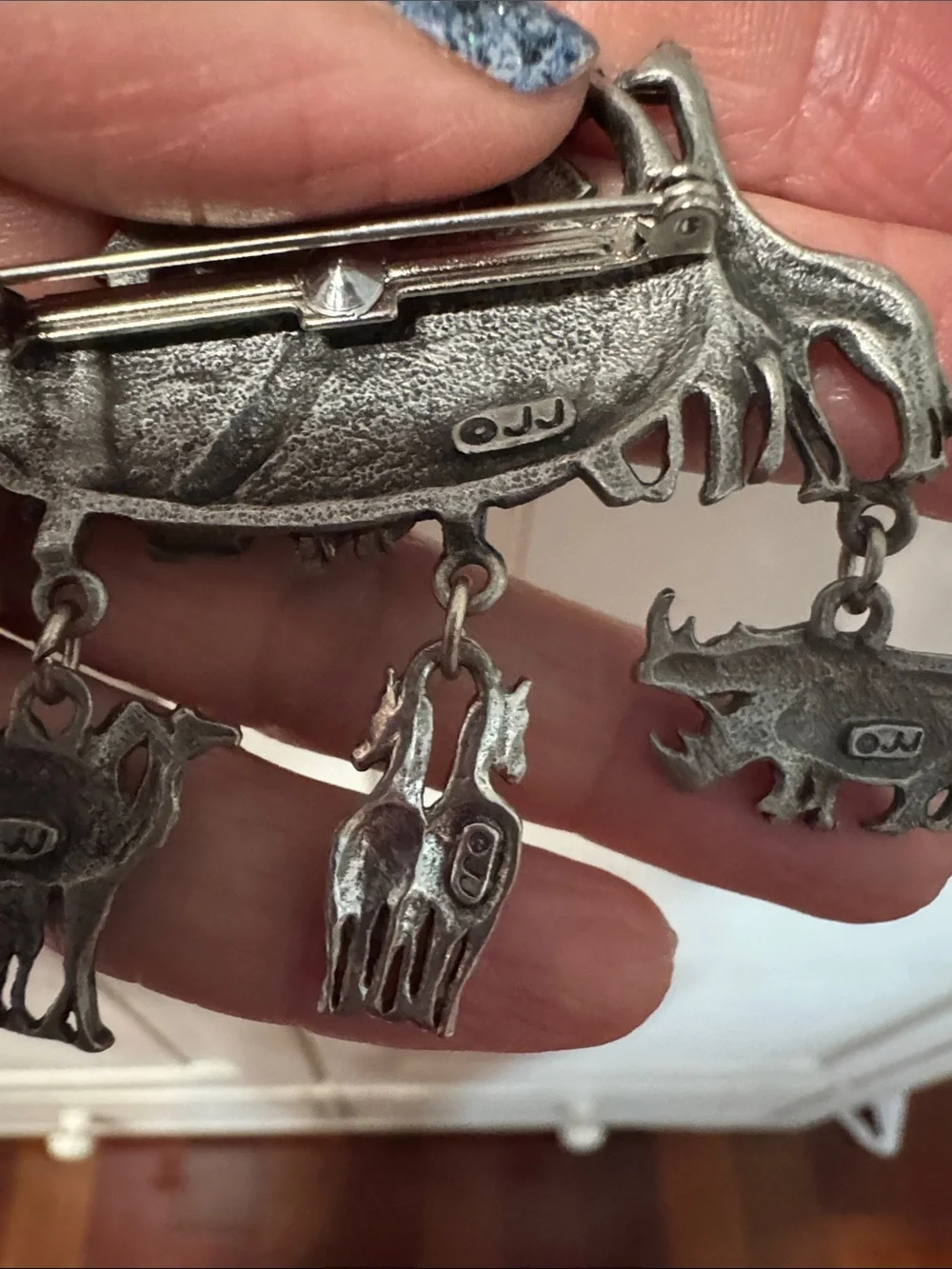 PinArt Silver-Tone Noah's Ark Animal Charm Brooch signed JJ